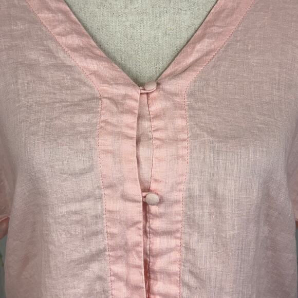 Vince Camuto Small 100% Linen Top Button-Up Dolman Sleeves V-Neck Tie Front Pink - Picture 2 of 7